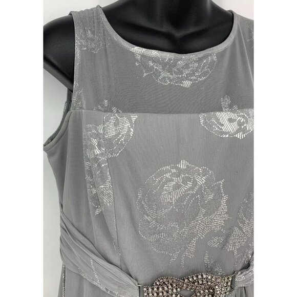 MSK Shift Dress Size 2 Silver Gray Floral Sleeveless Foil Belted Trim Women New - Picture 3 of 11
